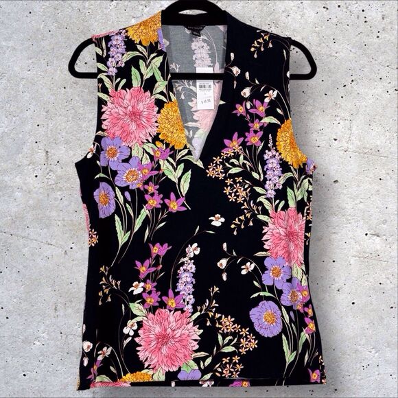 Ann Taylor V-neck Top Sleeveless Floral Women’s Large Black Multicolor NWT - Picture 5 of 8